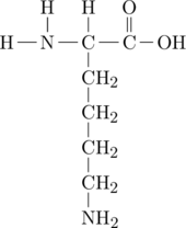 \definesubmol{n}{-[,.7]N(-[2]H)-[,.7]C(-[2]H)} \definesubmol{a}{-[,.7]C(=[2]O)} \definesubmol{lys}{!n([6]-CH_2-CH_2-CH_2-CH_2-NH_2)!a} \chemfig{[,0.6]H!{lys}-OH}