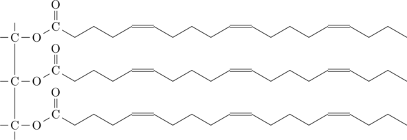 \definesubmol{a}{-[:30]-[:-30]} \definesubmol{e}{-[:30]=-[:-30]} \definesubmol{s}{-O-[:30]C(=[2]O)-[:-30]} \definesubmol{FA}{!s!a!e!a!e!a!e!a} \chemfig{[,.6]C(-[4,.4])(-[2,.4])(!{FA}) -[6,1.2]C(-[4,.4])(!{FA}) -[6,1.2]C(-[4,.4])(-[6,.4])(!{FA})}