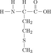 \definesubmol{n}{-[,.7]N(-[2]H)-[,.7]C(-[2]H)} \definesubmol{a}{-[,.7]C(=[2]O)} \definesubmol{r}{!n([6]-CH_2-CH_2-S-CH_3)!a} \chemfig{[,0.6]H!r-OH}