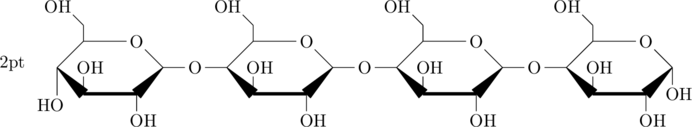 \setcrambond{2pt}{}{} \definesubmol{e}{-[,0.6]O-[,0.6]} \definesubmol{g}{ <[7,0.7](-[2,0.5]OH) -[,,,,line width=2pt](-[6,0.5]OH) >[1,0.7] (-[3,0.7]O -[4](-[2,0.3]-[3,0.5]OH) -[5,0.7])} \chemfig{ (-[6,0.7,,2]HO)!g!e!g!e!g!e!g -[6,0.5]OH }