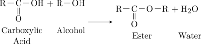 \schemestart \chemname{\chemfig{[,.6]R-C(-OH)=[6]O}}{Carboxylic\\Acid} + \chemname{\chemfig{[,.6]R-OH}}{Alcohol} \arrow[,.7] \chemname{\chemfig{[,.6]R-C(-O-R)=[6]O}}{Ester} + \chemname{\chemfig{H_2O}}{Water} \schemestop