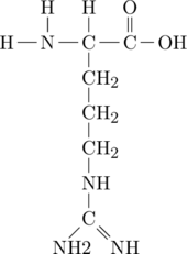 \definesubmol{n}{-[,.7]N(-[2]H)-[,.7]C(-[2]H)} \definesubmol{a}{-[,.7]C(=[2]O)} \definesubmol{r}{!n([6]-CH_2-CH_2-CH_2-NH-C(=[7,.7]NH)-[5,.7,,1]NH2)!a} \chemfig{[,0.6]H!r-OH}