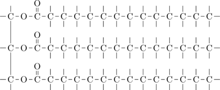 \definesubmol{a}{-C(-[2,.4])(-[6,.4])} \definesubmol{e}{-C(-[2,.4])=C(-[2,.4])} \definesubmol{s}{-O-C(=[2]O)} \definesubmol{FA}{!s!a!a!a!a!a!a!a!a!a!a!a!a!a-[,.4]} \chemfig{[,.5]C(-[4,.4])(-[2,.4])(!{FA}) -[6,1.2]C(-[4,.4])(!{FA}) -[6,1.2]C(-[4,.4])(-[6,.4])(!{FA})}