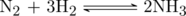 \schemestart \chemfig{N_2} + \chemfig{3H_2} \arrow{<=>}[,0.75] \chemfig{2NH_3} \schemestop