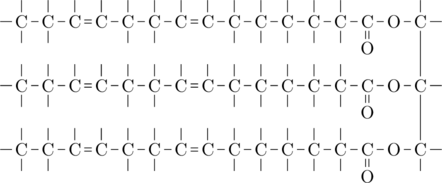 \definesubmol{a}{-C(-[2,.4])(-[6,.4])} \definesubmol{e}{-C(-[2,.4])=C(-[2,.4])} \definesubmol{s}{-O-C(=[6]O)} \definesubmol{FA}{!s!a!a!a!a!a!e!a!a!e!a!a-[,.4]} \chemfig{[4,.5]C(-[0,.4])(-[2,.4])(!{FA}) -[6,1.2]C(-[0,.4])(!{FA}) -[6,1.2]C(-[0,.4])(-[6,.4])(!{FA})}