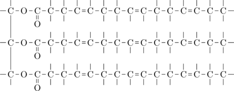 \definesubmol{a}{-C(-[2,.4])(-[6,.4])} \definesubmol{d}{-C(-[6,.4])=C(-[6,.4])} \definesubmol{e}{-C(-[2,.4])=C(-[2,.4])} \definesubmol{s}{-O-C(=[6]O)} \definesubmol{FA}{!s!a!a!e!a!a!d!a!a!e!a!a-[,.4]} \chemfig{[,.5]C(-[4,.4])(-[2,.4])(!{FA}) -[6,1.2]C(-[4,.4])(!{FA}) -[6,1.2]C(-[4,.4])(-[6,.4])(!{FA})}