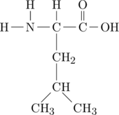 \definesubmol{n}{-[,.7]N(-[2]H)-[,.7]C(-[2]H)} \definesubmol{a}{-[,.7]C(=[2]O)} \definesubmol{leu}{!n([6,.8]-CH_2-CH(-[5,,,1]CH_3)-[7,,1]CH_3)!a} \chemfig{[,0.6]H!{leu}-OH}