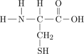 \definesubmol{n}{-[,.7]N(-[2]H)-[,.7]C(-[2]H)} \definesubmol{a}{-[,.7]C(=[2]O)} \definesubmol{cys}{!n([6,.6]-CH_2-SH)!a} \chemfig{[,0.6]H!{cys}-OH}