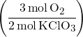 \left(\cfrac{3\,mol\,O_2}{2\,mol\,KClO_3}\right)