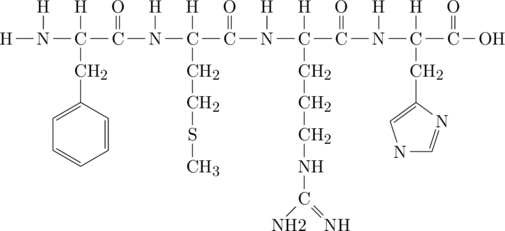 \definesubmol{n}{-[,.7]N(-[2]H)-[,.7]C(-[2]H)} \definesubmol{a}{-[,.7]C(=[2]O)} \definesubmol{gly}{!n([6]-H)!a} \definesubmol{ala}{!n(-[6]CH_3)!a} \definesubmol{val}{!n([6]-CH(-[5,.7,,1]CH_3)-[7,.7,1]CH_3)!a} \definesubmol{leu}{!n([6,.8]-CH_2-CH(-[5,,,1]CH_3)-[7,,1]CH_3)!a} \definesubmol{ile}{!n([6]-CH(-[7,0.7,1,1]CH_3)-[5,.7,1,1]CH_2-CH_3)!a} \definesubmol{ser}{!n([6,.6]-CH_2-OH)!a} \definesubmol{cys}{!n([6,.6]-CH_2-SH)!a} \definesubmol{thr}{!n([6]-CH(-[5,.7,,1]CH_3)-[7,.7,1]OH)!a} \definesubmol{asp}{!n([6]-CH_2-C(-[7]OH)=[5]O)!a} \definesubmol{glu}{!n([6]-CH_2-CH_2-C(-[7]OH)=[5]O)!a} \definesubmol{pro}{-N(-[:252,0.7,,1]CH_2-#(3pt)[::72,0.7,1,1]CH_2-#(3pt)[::72,0.7,1,1]CH_2-[::72,0.5,1])-[,.7]C(-[2]H)-[,.7]C(=[2]O)} \definesubmol{proS}{-N(-[:252,0.7]-[::72,0.7]-[::72,0.7]-[::72,0.5])-[,.7]C(-[2]H)-[,.7]C(=[2]O)} \definesubmol{lys}{!n([6]-CH_2-CH_2-CH_2-CH_2-NH_2)!a} \definesubmol{arg}{!n([6]-CH_2-CH_2-CH_2-NH-C(=[7,.7]NH)-[5,.7,,1]NH2)!a} \definesubmol{asn}{!n([6]-CH_2-C(-[7,.7]NH_2)=[5,.7]O)!a} \definesubmol{gln}{!n([6]-CH_2-CH_2-C(-[7,.7]NH_2)=[5,.7]O)!a} \definesubmol{met}{!n([6]-CH_2-CH_2-S-CH_3)!a} \definesubmol{try}{!n(-[:240,.7,,1]CH_2-[:300,,1]-[:330,0]*5(-(*6(-=-=-))=-NH-[,,1]=))!a} \definesubmol{try2}{-[,.5]!n([6]-CH_2-[,.6]*5(-(*6(-=-=-))=-NH-[,,1]=))!a} \definesubmol{try3}{!n([6,.6]-CH_2-(=[0,.6]-[7,.5,1]N)-[,.7]-[:300,0]*6(=-=-=(-[:40,0.3])-))!a} \definesubmol{phe}{!n([6]-CH_2-*6(=-=-=-))!a} \definesubmol{tyr}{!n([6]-CH_2-*6(=-=(-OH)-=-))!a} \definesubmol{his}{!n([6]-CH_2-*5(=-N-=N-))!a} \chemfig{[,0.6]H!{phe}!{met}!{arg}!{his}-OH}