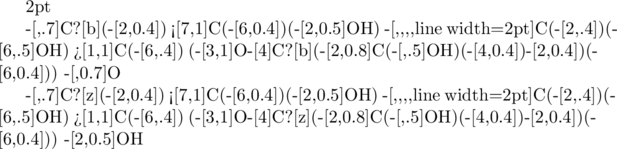 \setcrambond{2pt}{}{} \chemfig[,1.4]{ C?[a](-[2,0.4])(-[6,0.5,,2]HO) <[7,1]C(-[6,0.4])(-[2,0.5]OH) -[,,,,line width=2pt]C(-[2,.4])(-[6,.5]OH) >[1,1]C(-[6,.4]) (-[3,1]O-[4]C?[a](-[2,0.8]C(-[,.5]OH)(-[4,0.4])-[2,0.4])(-[6,0.4])) -[,0.7]O  -[,.7]C?[b](-[2,0.4]) <[7,1]C(-[6,0.4])(-[2,0.5]OH) -[,,,,line width=2pt]C(-[2,.4])(-[6,.5]OH) >[1,1]C(-[6,.4]) (-[3,1]O-[4]C?[b](-[2,0.8]C(-[,.5]OH)(-[4,0.4])-[2,0.4])(-[6,0.4])) -[,0.7]O  -[,.7]C?[z](-[2,0.4]) <[7,1]C(-[6,0.4])(-[2,0.5]OH) -[,,,,line width=2pt]C(-[2,.4])(-[6,.5]OH) >[1,1]C(-[6,.4]) (-[3,1]O-[4]C?[z](-[2,0.8]C(-[,.5]OH)(-[4,0.4])-[2,0.4])(-[6,0.4])) -[2,0.5]OH }